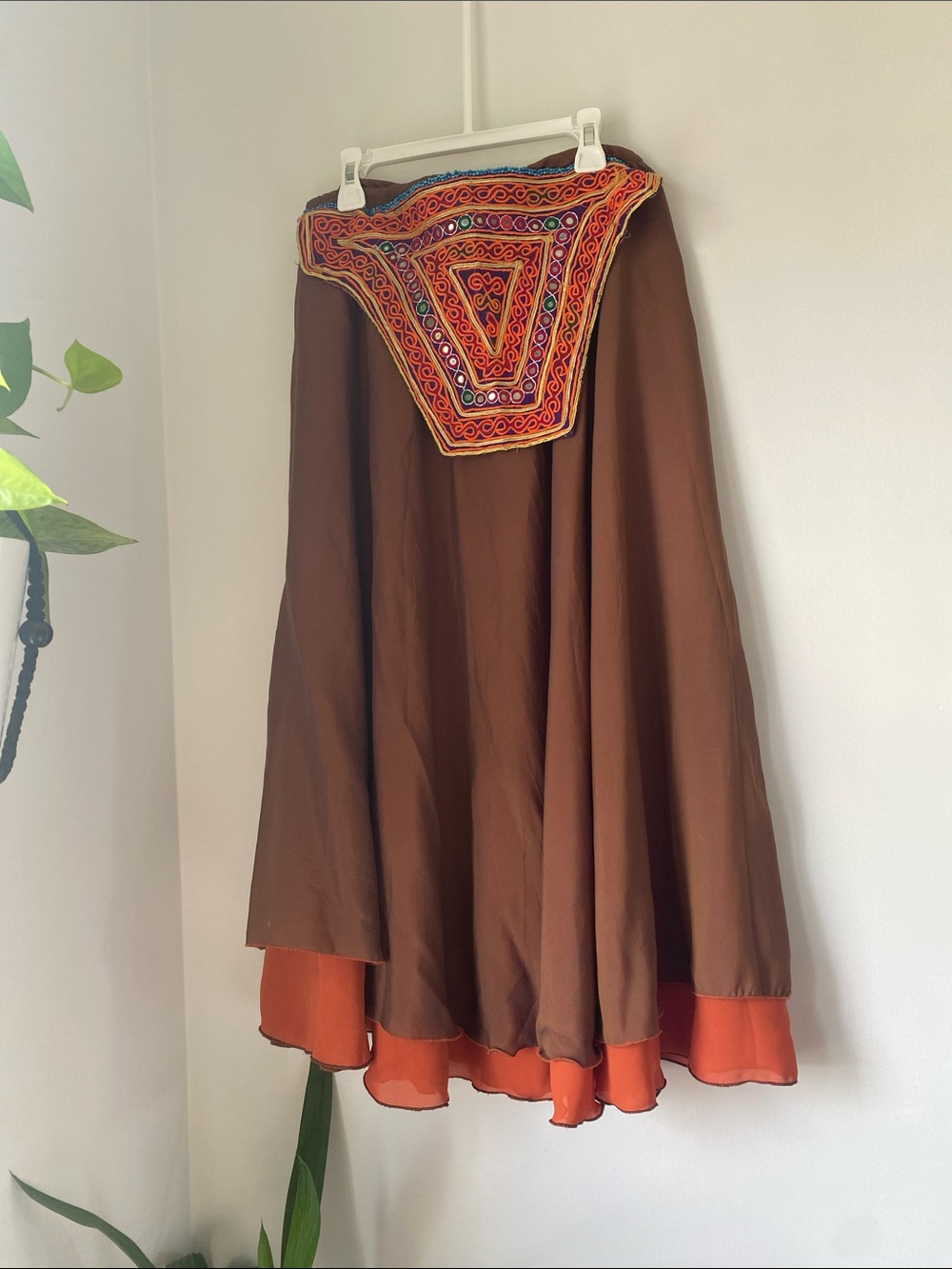 Boho Embroidered Brown Maxi Skirt with Orange Trim